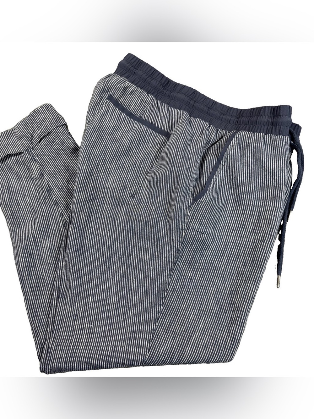 Athleta Navy White Stripe Bali Linen Pants Size 10 Pull On Drawstring Cropped